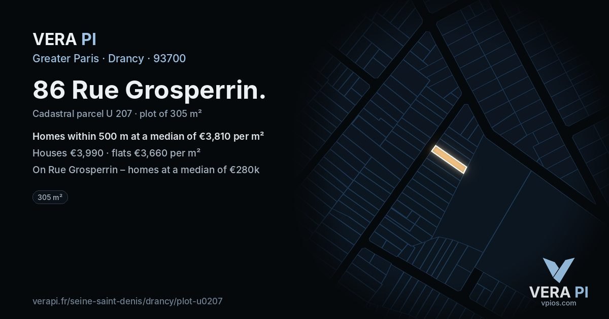 86 Rue Grosperrin, Drancy at night – the plot lit, the parcels around coloured by the prices near them