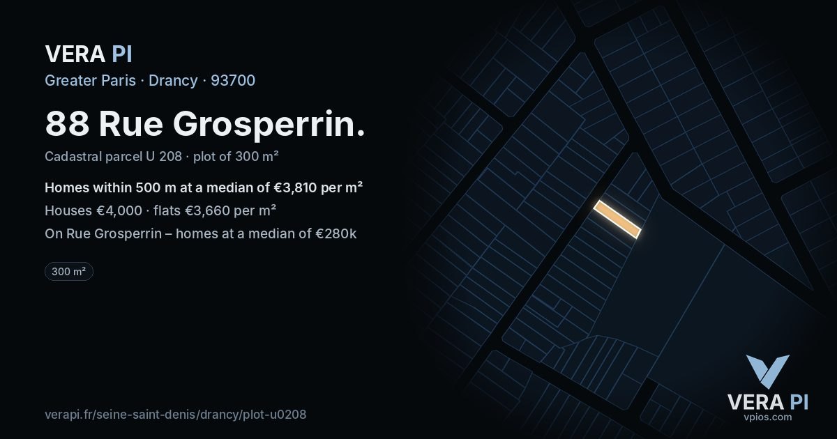 88 Rue Grosperrin, Drancy at night – the plot lit, the parcels around coloured by the prices near them