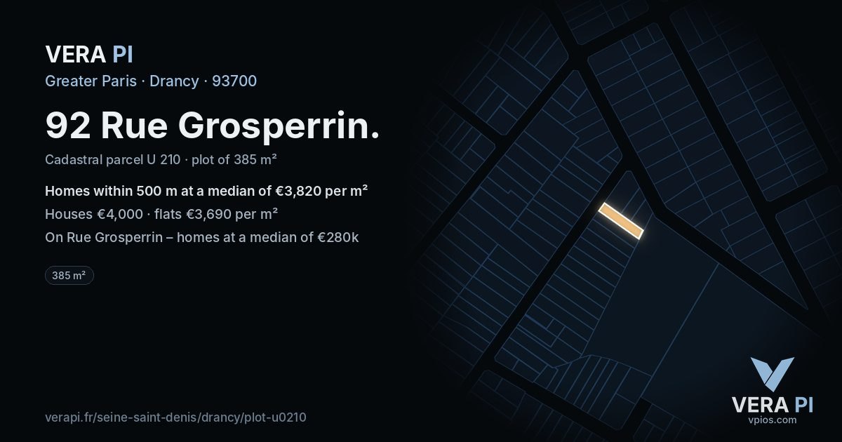 92 Rue Grosperrin, Drancy at night – the plot lit, the parcels around coloured by the prices near them