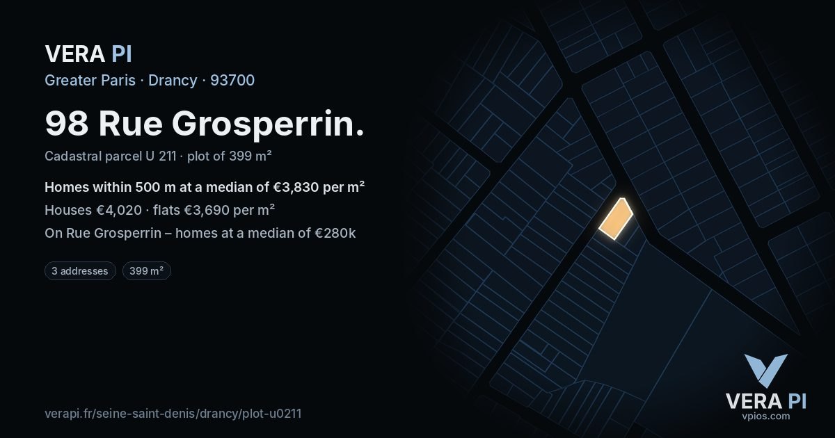 98 Rue Grosperrin, Drancy at night – the plot lit, the parcels around coloured by the prices near them