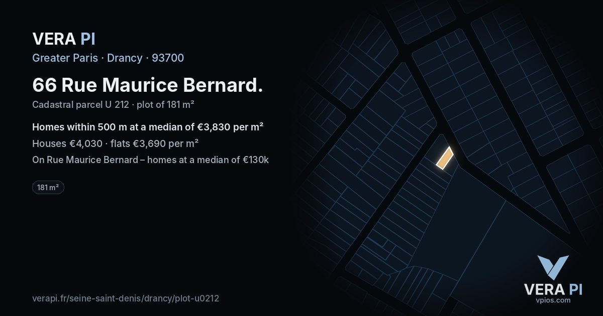 66 Rue Maurice Bernard, Drancy at night – the plot lit, the parcels around coloured by the prices near them