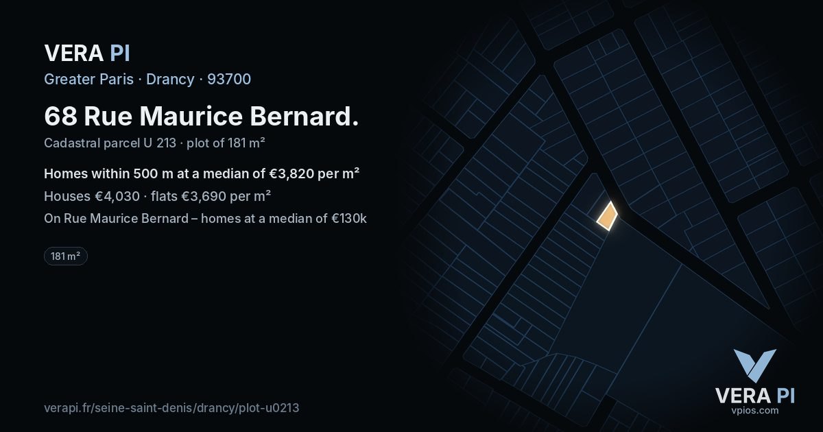 68 Rue Maurice Bernard, Drancy at night – the plot lit, the parcels around coloured by the prices near them