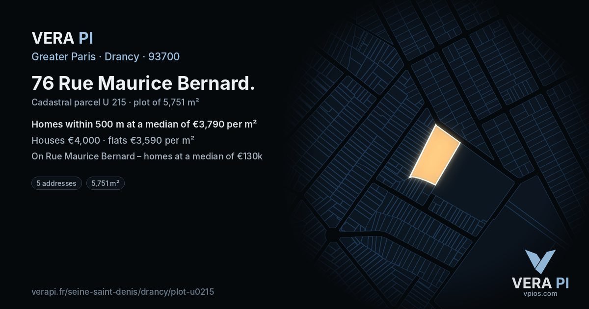 76 Rue Maurice Bernard, Drancy at night – the plot lit, the parcels around coloured by the prices near them