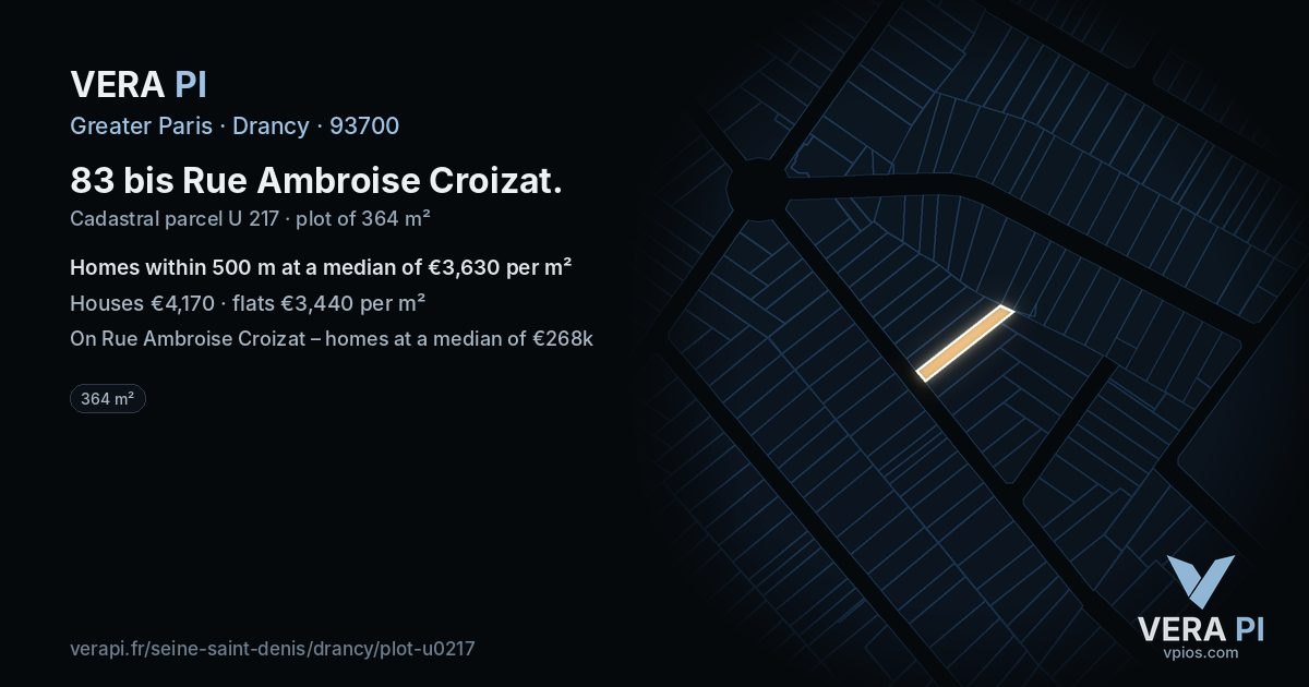 83 bis Rue Ambroise Croizat, Drancy at night – the plot lit, the parcels around coloured by the prices near them
