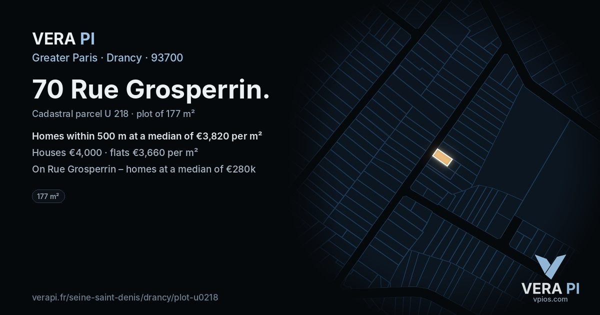 70 Rue Grosperrin, Drancy at night – the plot lit, the parcels around coloured by the prices near them