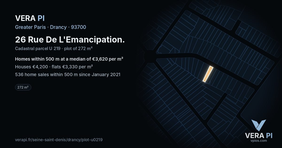 26 Rue De L'Emancipation, Drancy at night – the plot lit, the parcels around coloured by the prices near them