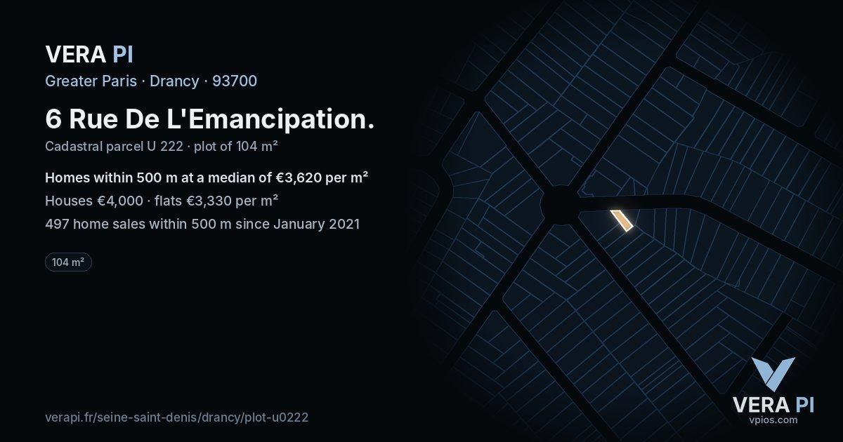 6 Rue De L'Emancipation, Drancy at night – the plot lit, the parcels around coloured by the prices near them