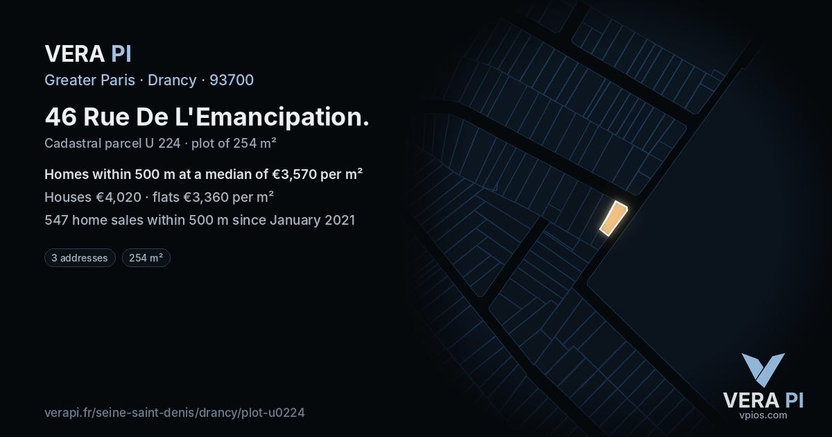 46 Rue De L'Emancipation, Drancy at night – the plot lit, the parcels around coloured by the prices near them