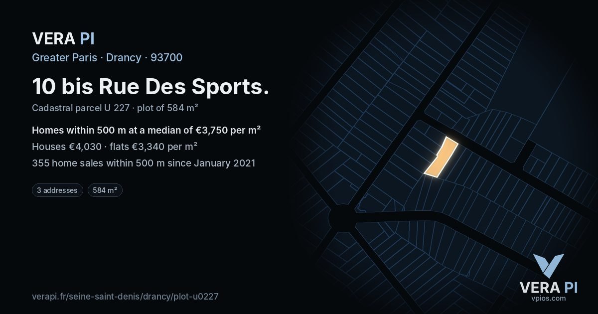 10 bis Rue Des Sports, Drancy at night – the plot lit, the parcels around coloured by the prices near them