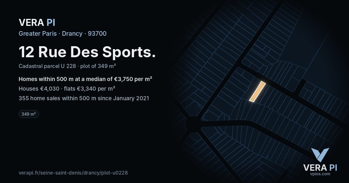12 Rue Des Sports, Drancy at night – the plot lit, the parcels around coloured by the prices near them