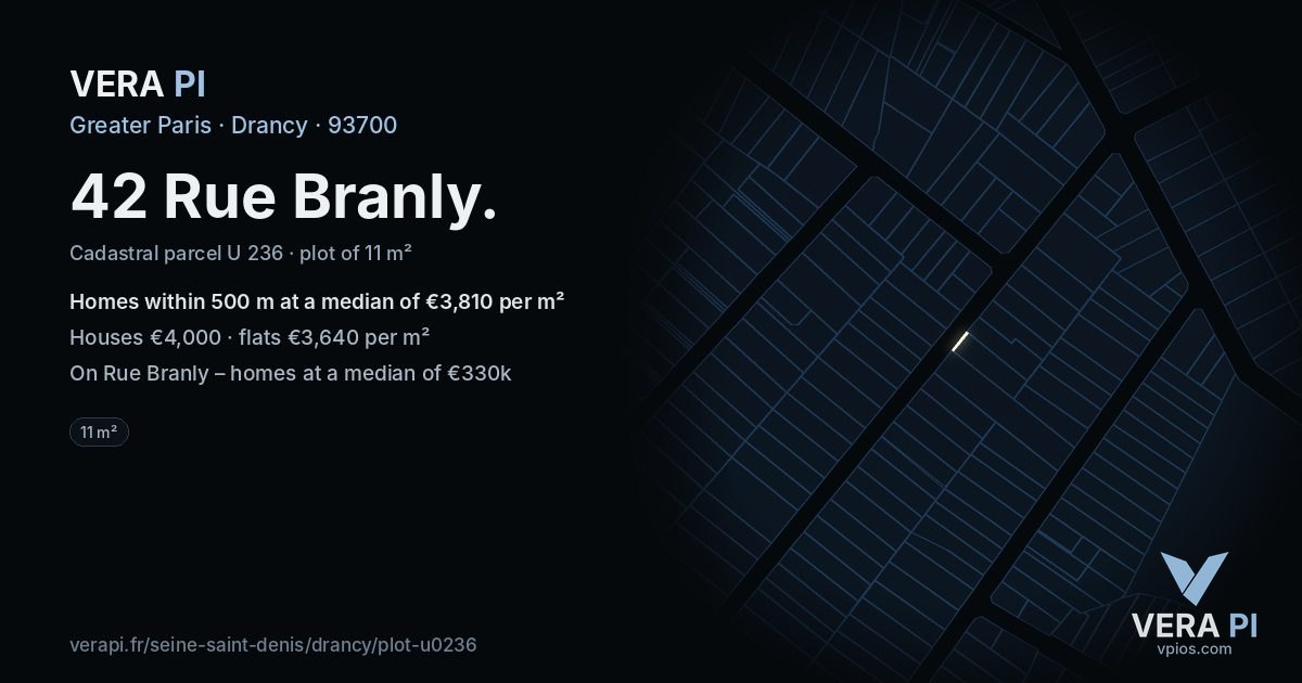 42 Rue Branly, Drancy at night – the plot lit, the parcels around coloured by the prices near them