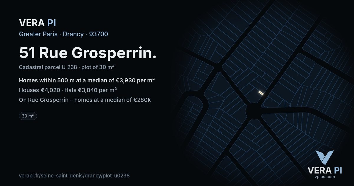51 Rue Grosperrin, Drancy at night – the plot lit, the parcels around coloured by the prices near them