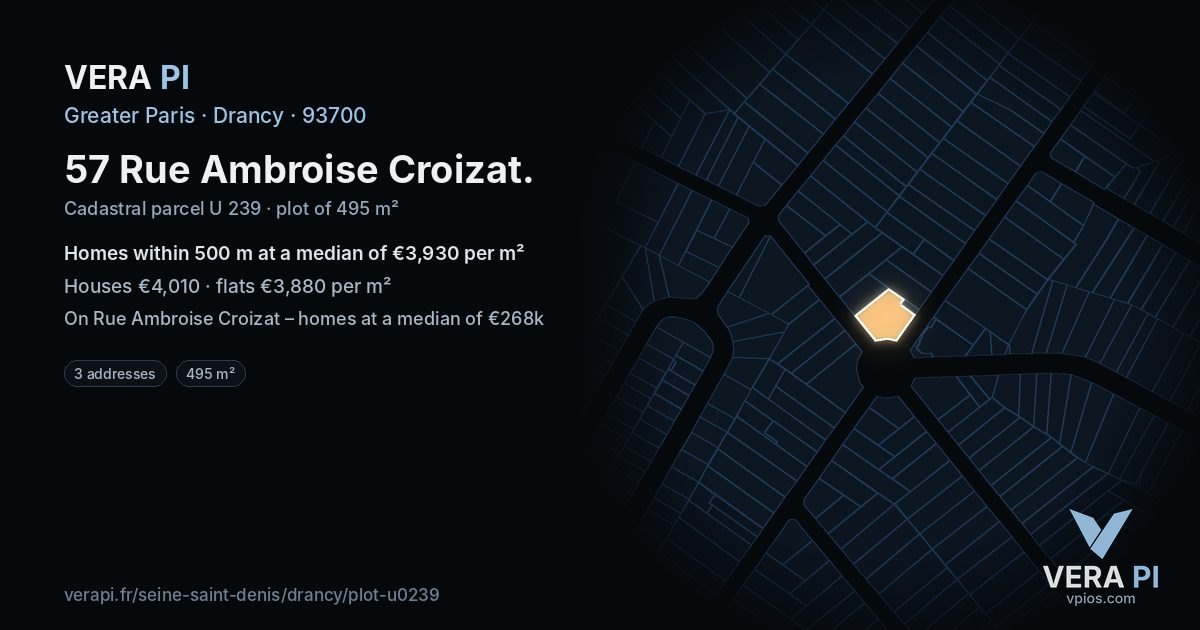 57 Rue Ambroise Croizat, Drancy at night – the plot lit, the parcels around coloured by the prices near them