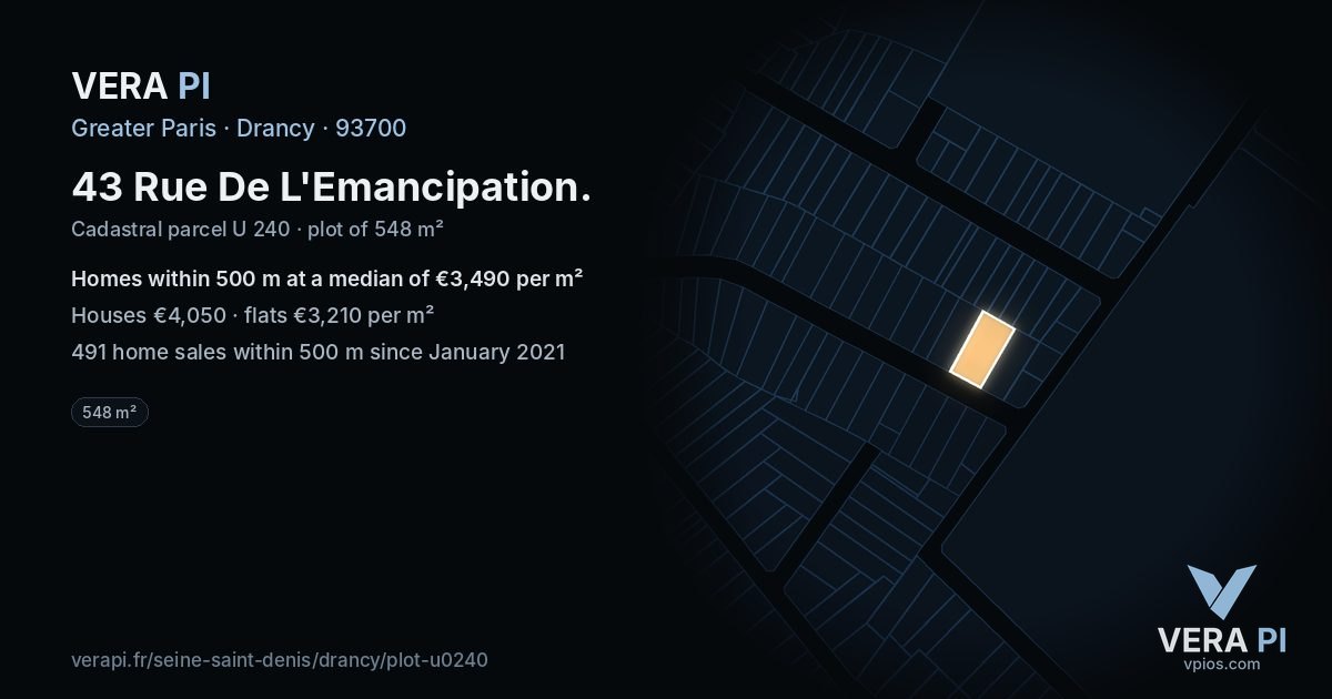 43 Rue De L'Emancipation, Drancy at night – the plot lit, the parcels around coloured by the prices near them