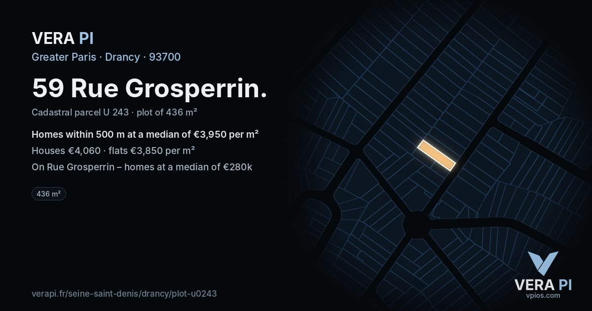 59 Rue Grosperrin, Drancy at night – the plot lit, the parcels around coloured by the prices near them