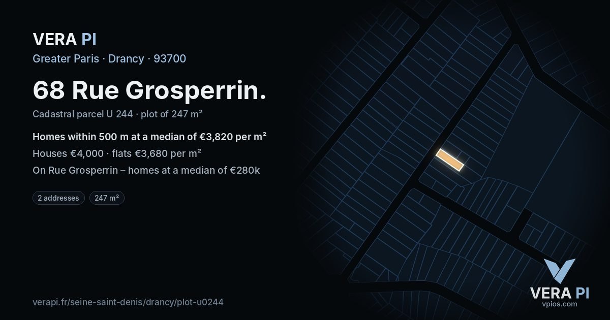 68 Rue Grosperrin, Drancy at night – the plot lit, the parcels around coloured by the prices near them