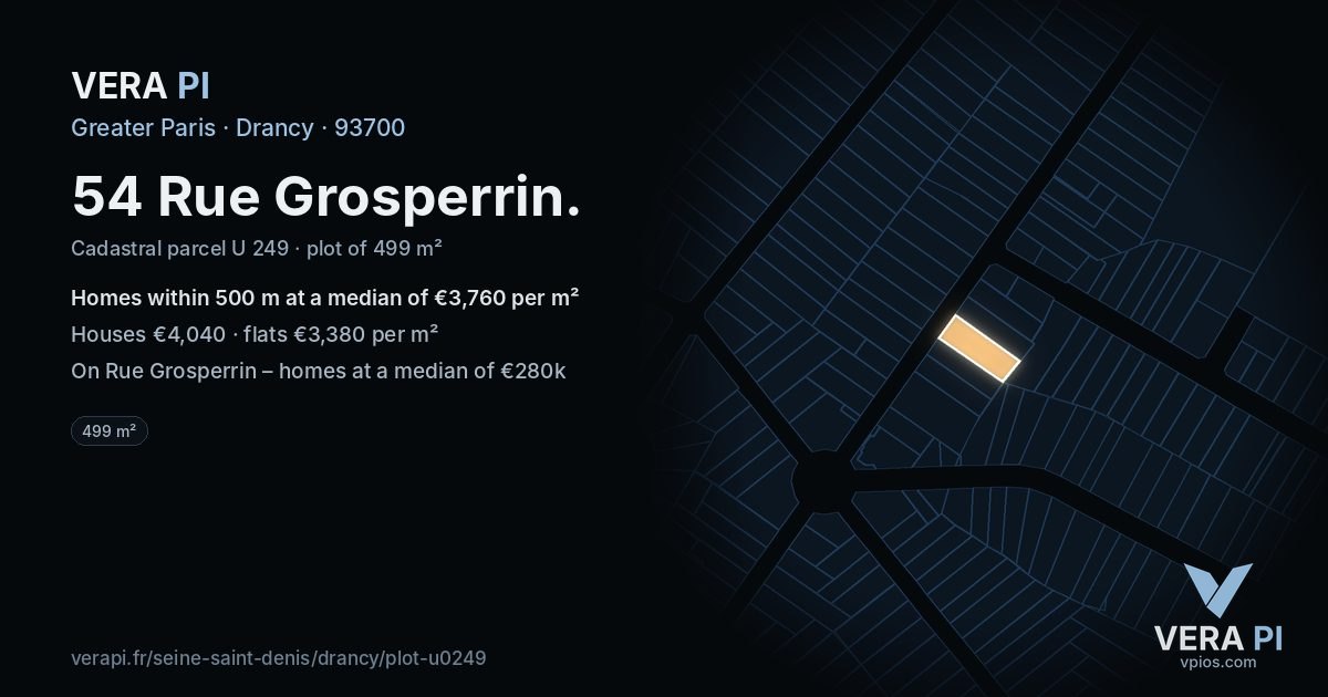 54 Rue Grosperrin, Drancy at night – the plot lit, the parcels around coloured by the prices near them