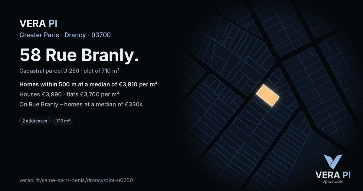 58 Rue Branly, Drancy at night – the plot lit, the parcels around coloured by the prices near them