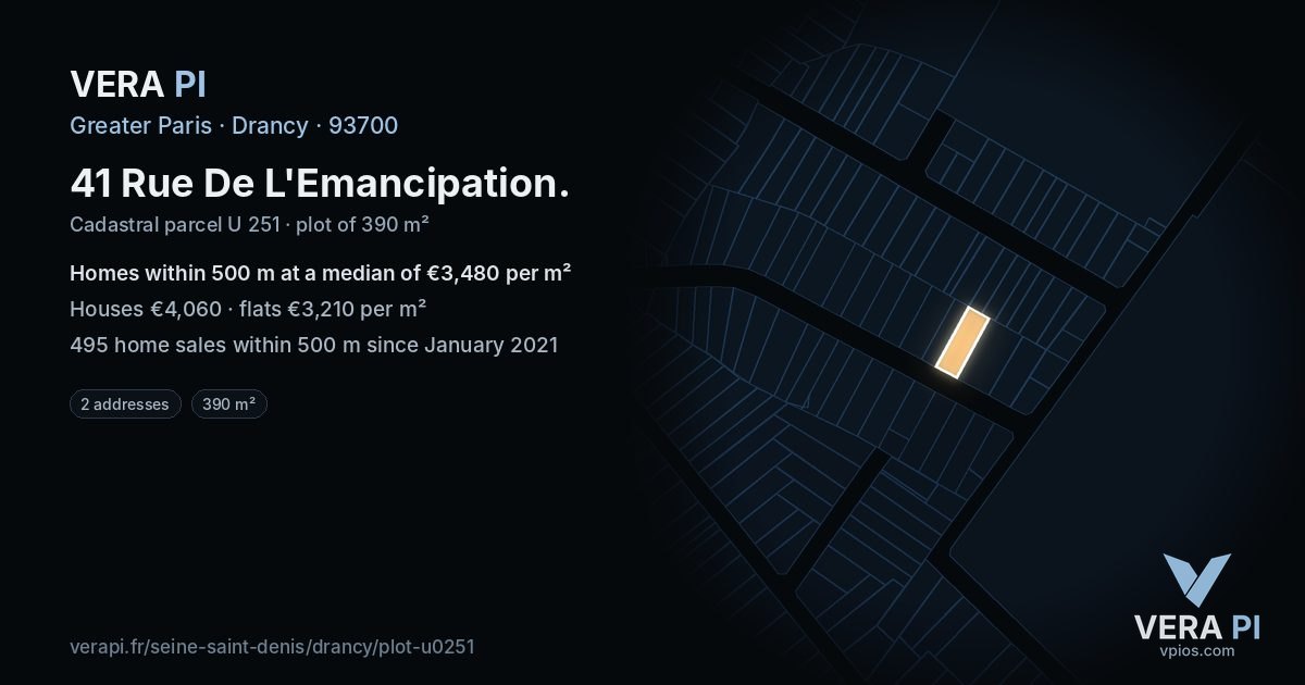 41 Rue De L'Emancipation, Drancy at night – the plot lit, the parcels around coloured by the prices near them