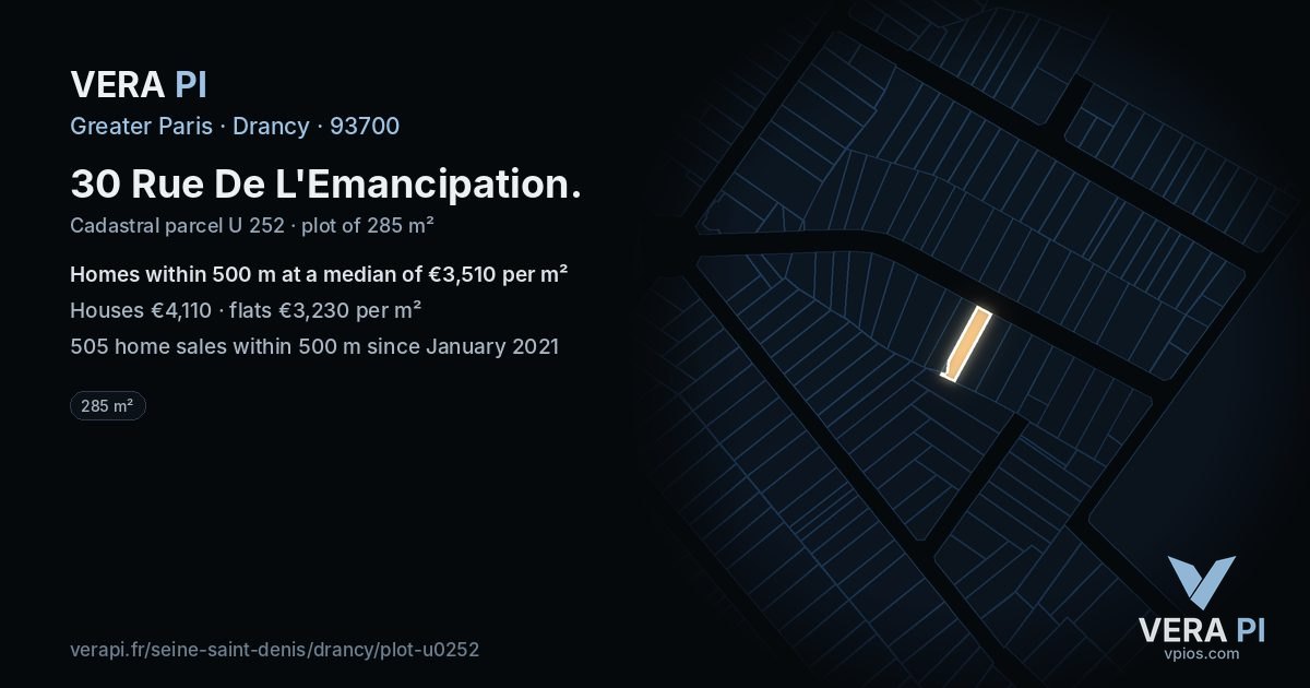 30 Rue De L'Emancipation, Drancy at night – the plot lit, the parcels around coloured by the prices near them