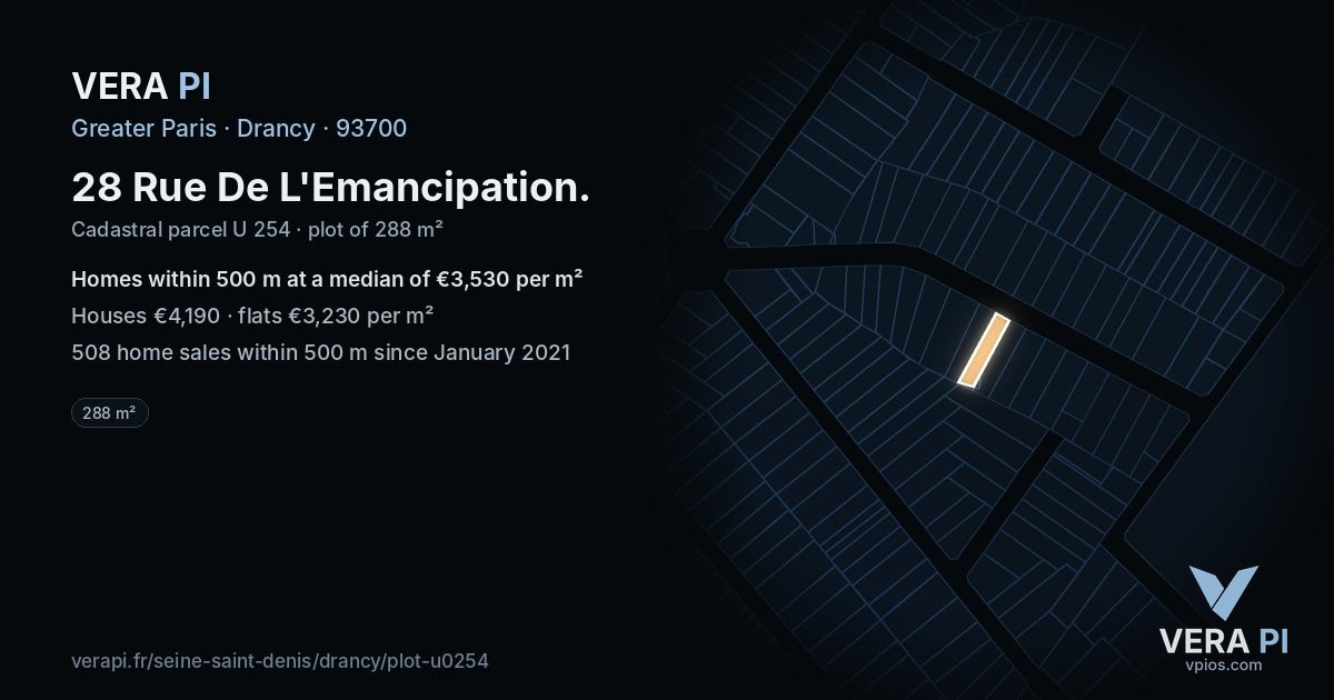 28 Rue De L'Emancipation, Drancy at night – the plot lit, the parcels around coloured by the prices near them