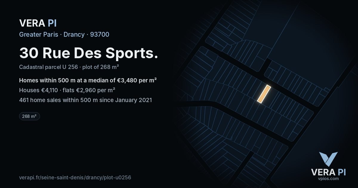 30 Rue Des Sports, Drancy at night – the plot lit, the parcels around coloured by the prices near them