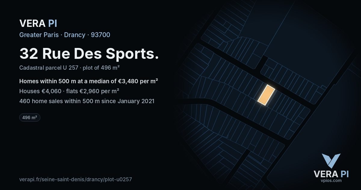 32 Rue Des Sports, Drancy at night – the plot lit, the parcels around coloured by the prices near them
