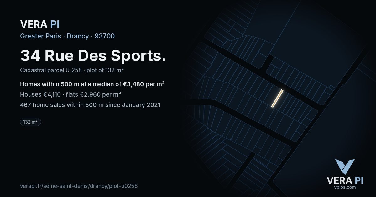 34 Rue Des Sports, Drancy at night – the plot lit, the parcels around coloured by the prices near them
