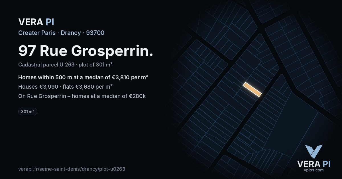 97 Rue Grosperrin, Drancy at night – the plot lit, the parcels around coloured by the prices near them