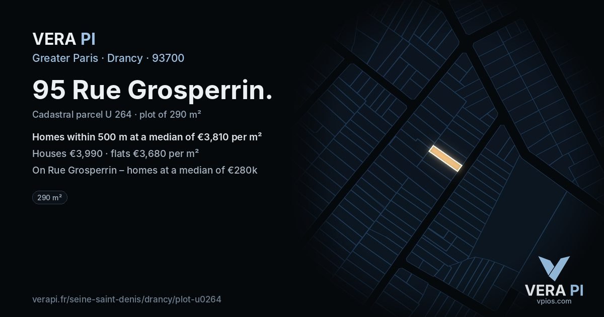 95 Rue Grosperrin, Drancy at night – the plot lit, the parcels around coloured by the prices near them