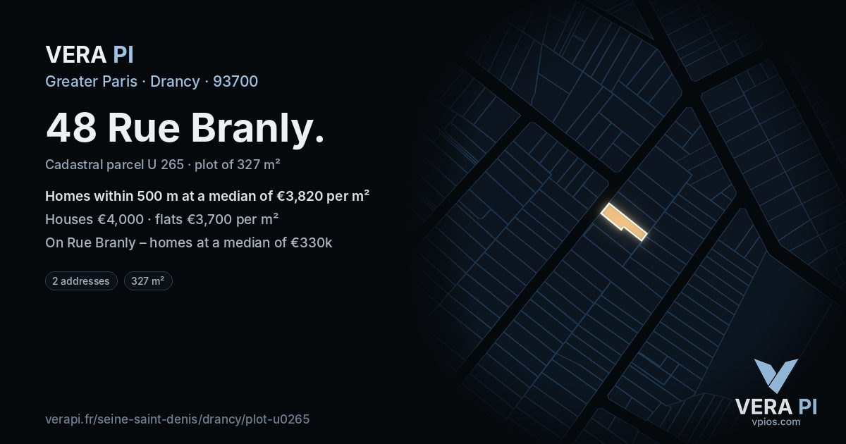 48 Rue Branly, Drancy at night – the plot lit, the parcels around coloured by the prices near them