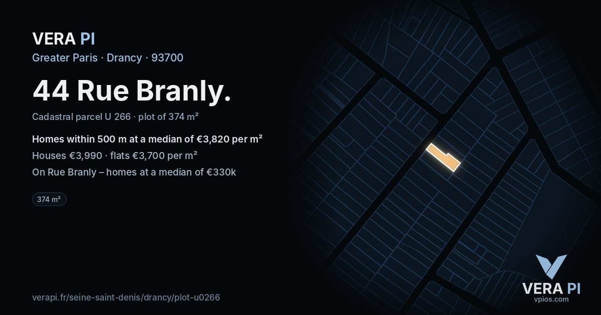 44 Rue Branly, Drancy at night – the plot lit, the parcels around coloured by the prices near them