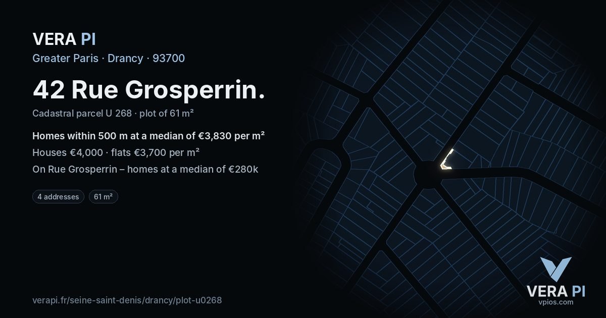 42 Rue Grosperrin, Drancy at night – the plot lit, the parcels around coloured by the prices near them