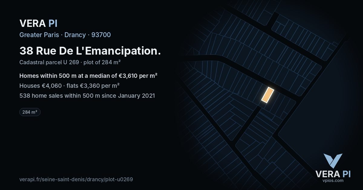 38 Rue De L'Emancipation, Drancy at night – the plot lit, the parcels around coloured by the prices near them