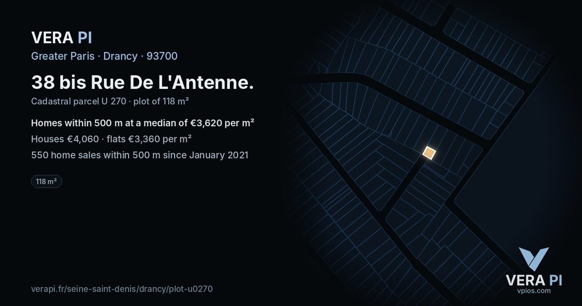 38 bis Rue De L'Antenne, Drancy at night – the plot lit, the parcels around coloured by the prices near them
