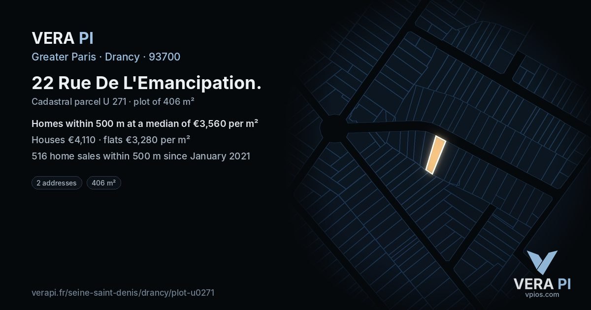 22 Rue De L'Emancipation, Drancy at night – the plot lit, the parcels around coloured by the prices near them