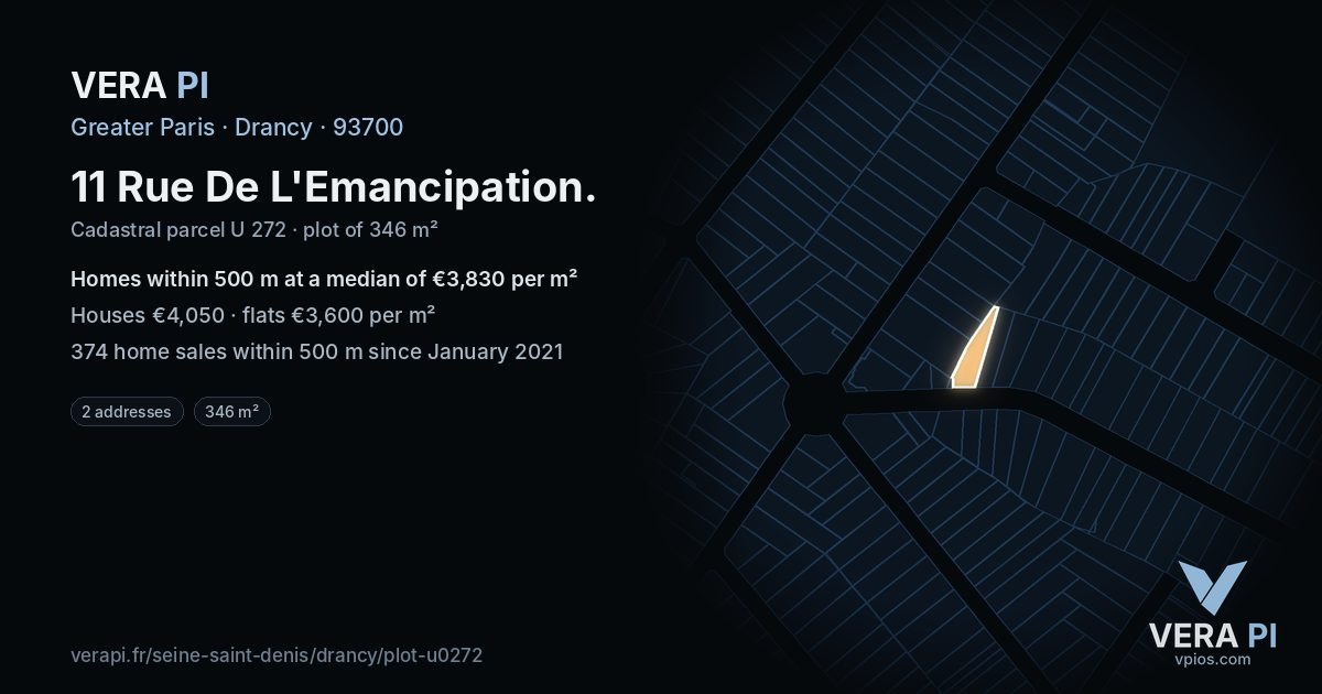 11 Rue De L'Emancipation, Drancy at night – the plot lit, the parcels around coloured by the prices near them