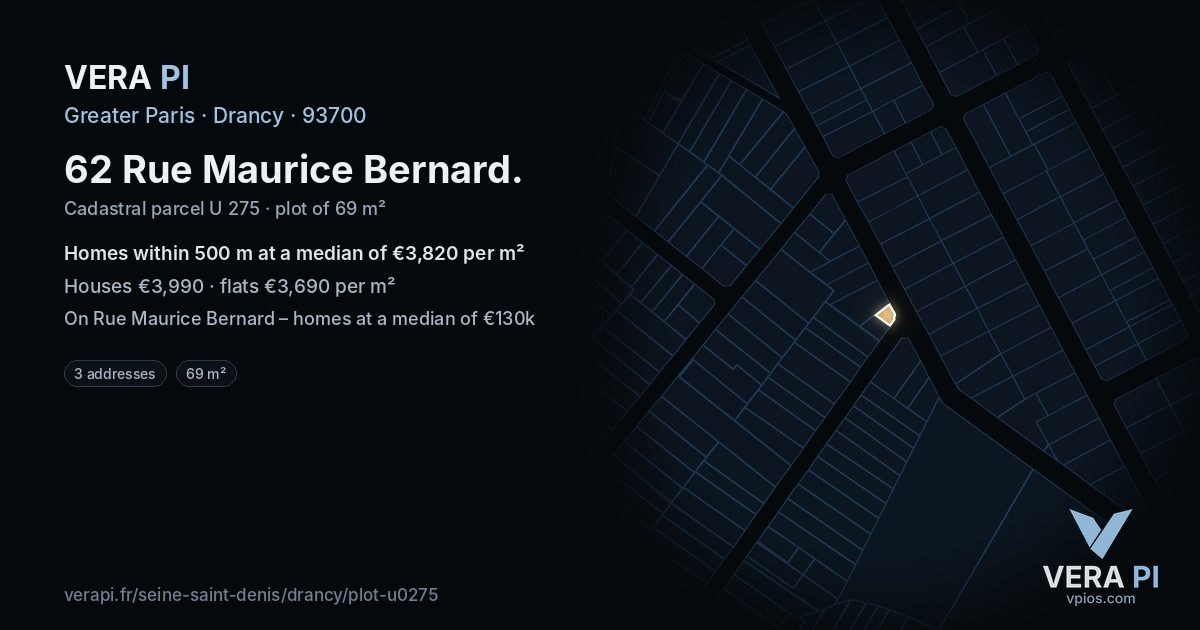 62 Rue Maurice Bernard, Drancy at night – the plot lit, the parcels around coloured by the prices near them
