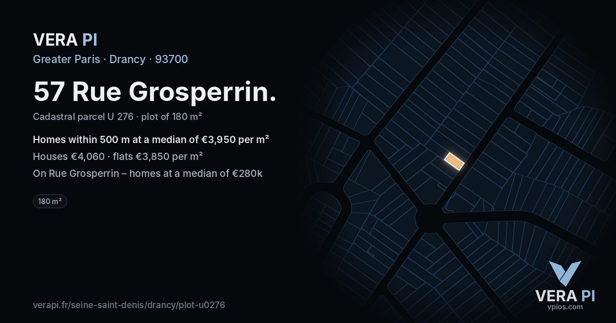 57 Rue Grosperrin, Drancy at night – the plot lit, the parcels around coloured by the prices near them