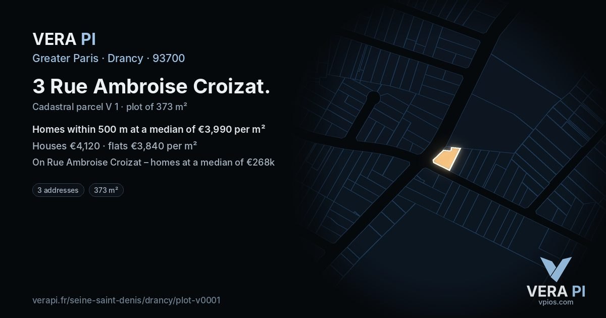 3 Rue Ambroise Croizat, Drancy at night – the plot lit, the parcels around coloured by the prices near them