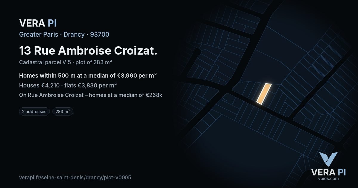 13 Rue Ambroise Croizat, Drancy at night – the plot lit, the parcels around coloured by the prices near them