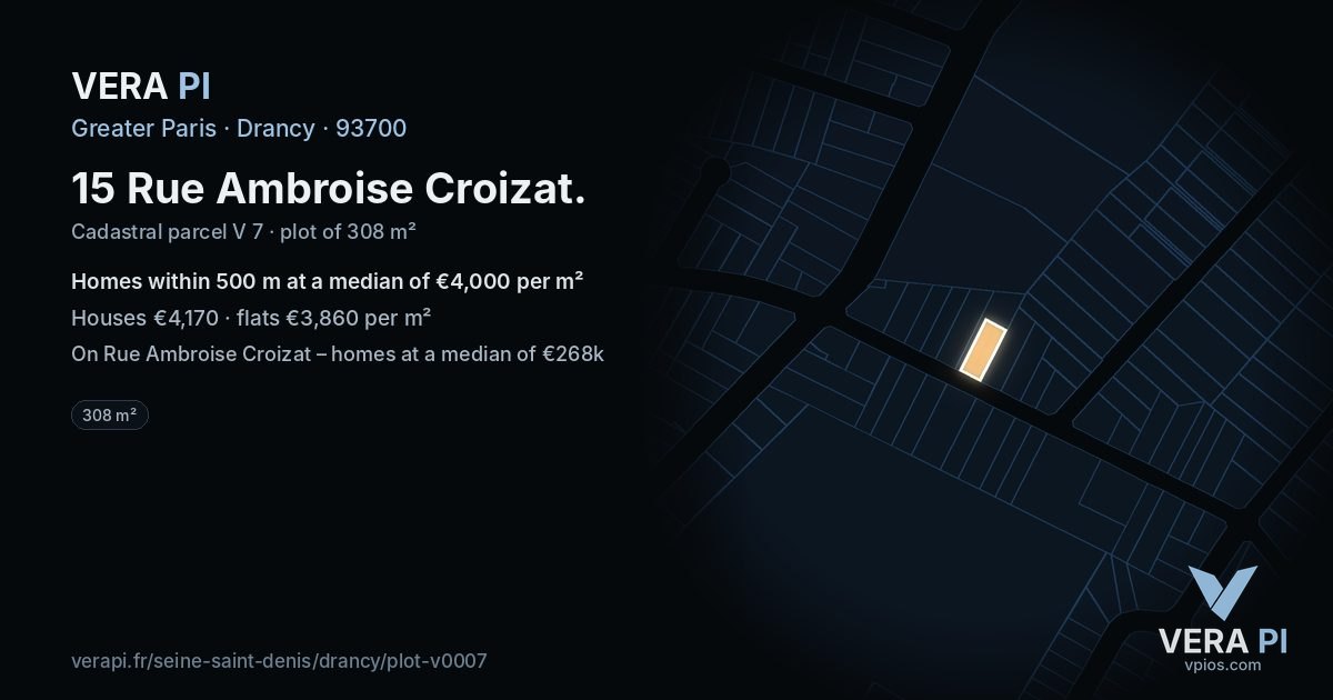 15 Rue Ambroise Croizat, Drancy at night – the plot lit, the parcels around coloured by the prices near them