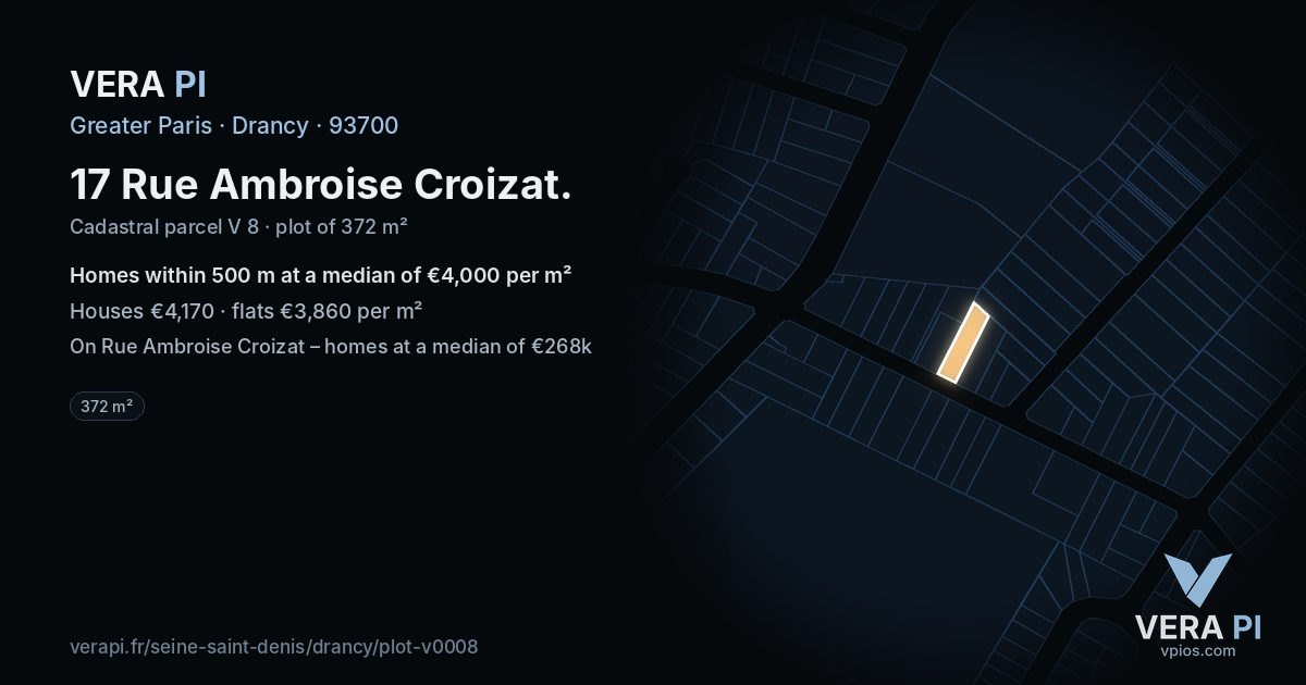 17 Rue Ambroise Croizat, Drancy at night – the plot lit, the parcels around coloured by the prices near them