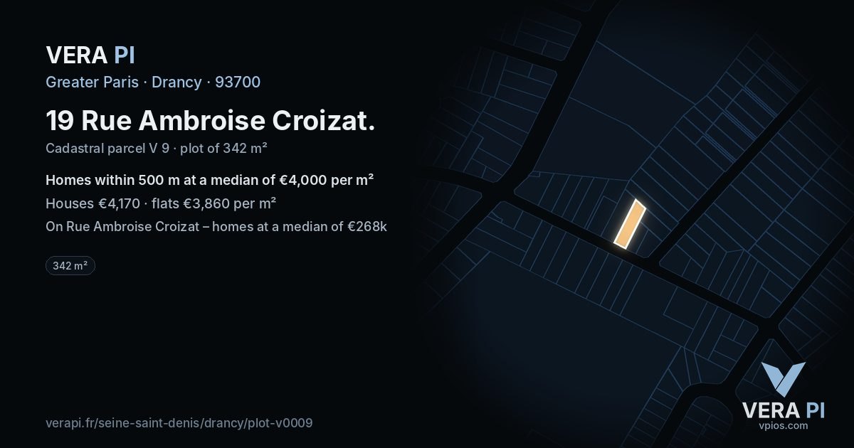 19 Rue Ambroise Croizat, Drancy at night – the plot lit, the parcels around coloured by the prices near them