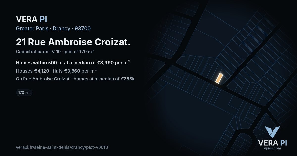 21 Rue Ambroise Croizat, Drancy at night – the plot lit, the parcels around coloured by the prices near them