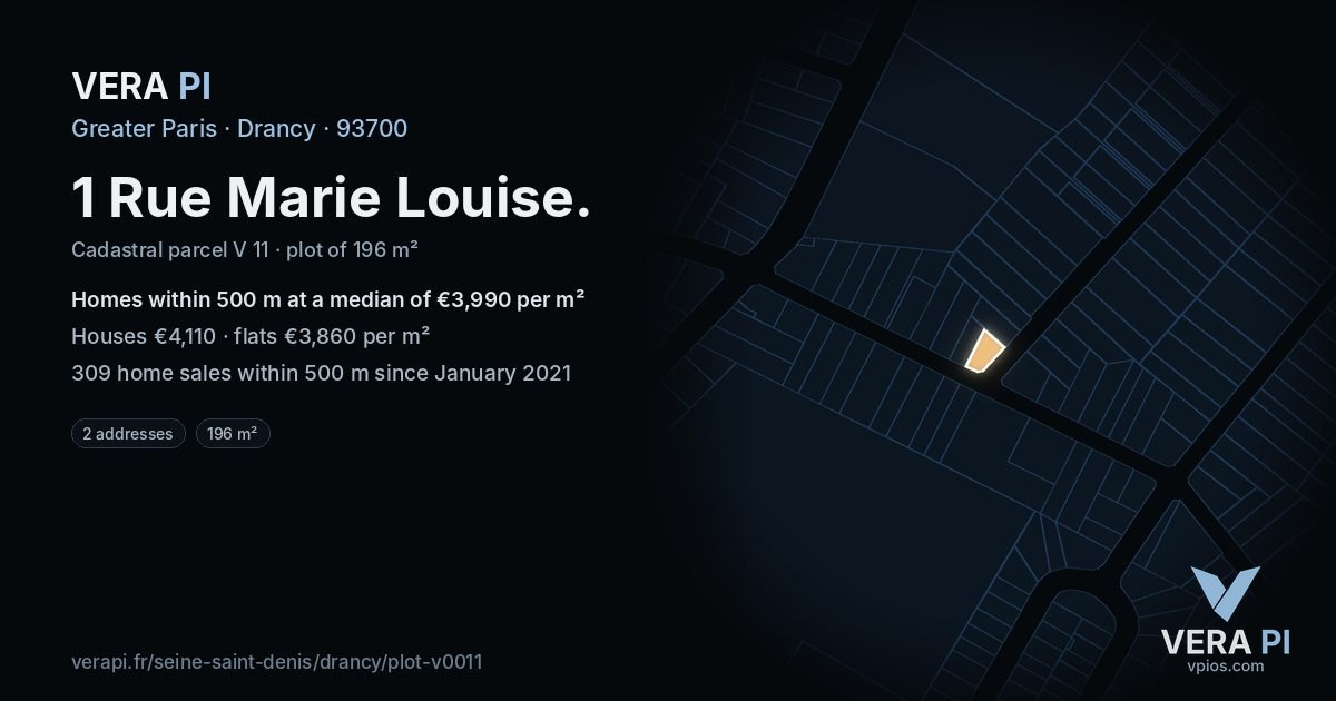 1 Rue Marie Louise, Drancy at night – the plot lit, the parcels around coloured by the prices near them