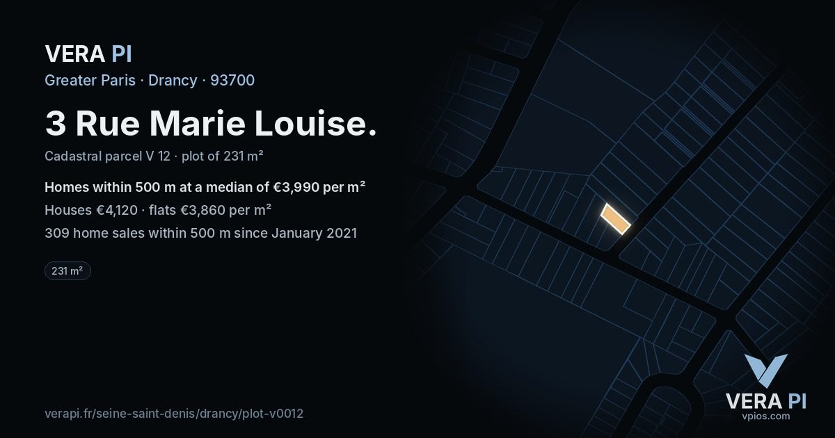 3 Rue Marie Louise, Drancy at night – the plot lit, the parcels around coloured by the prices near them