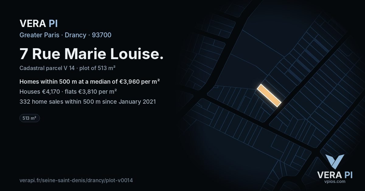7 Rue Marie Louise, Drancy at night – the plot lit, the parcels around coloured by the prices near them