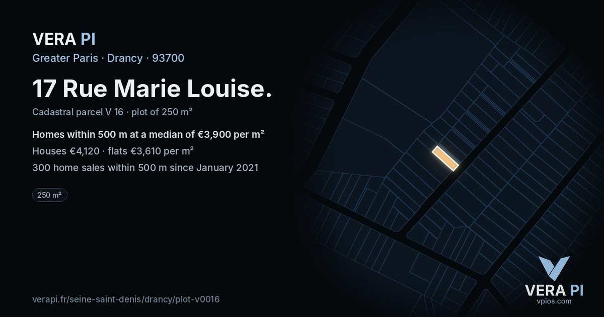 17 Rue Marie Louise, Drancy at night – the plot lit, the parcels around coloured by the prices near them