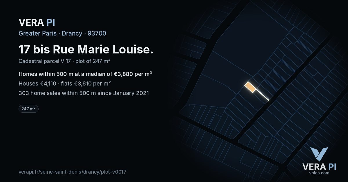 17 bis Rue Marie Louise, Drancy at night – the plot lit, the parcels around coloured by the prices near them